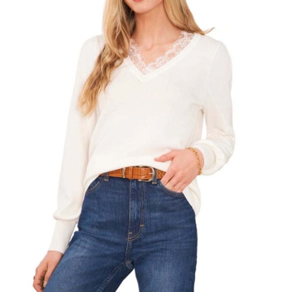 NEW VINCE CAMUTO Lace Trim V Neck Sweater Size L